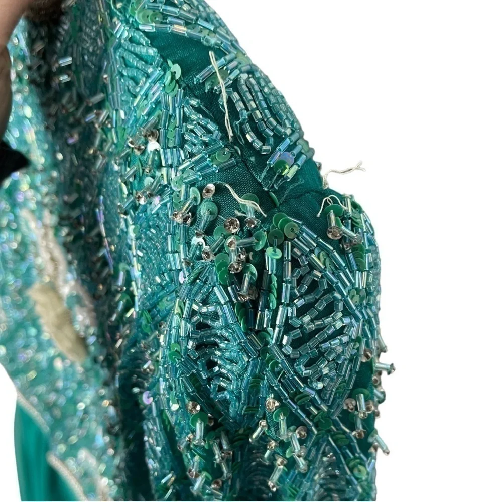 VINTAGE RICHILENE 70S SILK CHIFFON BEAD EMBELLISHED AQUA FORMAL EVENING GOWN - Picture 14 of 16